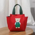 Rode canvas lunchtas met schattige berenprint en groene handvatten voor werk en dagelijks. - Rood