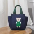 Leuke canvas lunchtas voor vrouwen, draagbare bento-tas met berenprint en grote opslagruimte. - Blauw