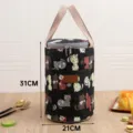 Japanese style cylindrical lunch bag with cute cat pattern, insulated bento box tote. - L / Black Floral Kitten