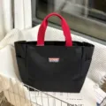 Black oxford cloth lunch tote bag with red handles, simple large capacity commuting bento bag. - Large Black Patch Style