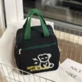 Borsa portapranzo termica in tela con simpatico motivo a cartone animato per studenti nero e verde. - 507 Orso nero con lettere