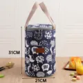 Japanese round insulated lunch bag with cute cat pattern, thick canvas portable bento tote. - L / Blue Cat Motif