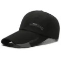 Black canvas baseball cap with extra-long brim, stylish letter print for outdoor sun protection. - Adjustable / Black