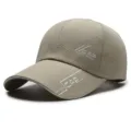 Detailed view of the long brim baseball cap in khaki fabric with sport style print. - Adjustable / Khaki