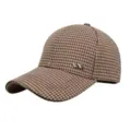 Detailed view of the women brown houndstooth baseball cap with rhinestone metal accent. - Adjustable / Coffee