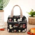 Japanse stijl schattige kat print verdikte canvas lunchtas draagbare bento handtas - Zwarte bloemenkat