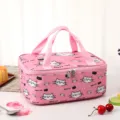 Pink insulated lunch bag with cute cartoon cat pattern, portable bento storage handbag for daily use. - Pink Cat