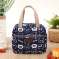 Blue insulated canvas lunch bag with cute panda print, portable thermal tote for office workers. - Blue Panda