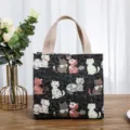 Japanse stijl canvas lunchtas met kattenprint, duurzame handtas voor werk op kantoor. - Zwarte bloemenkat