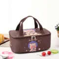 Cute brown cartoon lunch bag with insulated foil lining, portable rectangular handbag for students. - Brown Space Bear