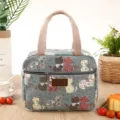 Insulated lunch bag for women, cute cat print canvas handbag, portable thermal tote bag. - Blue Floral Cat