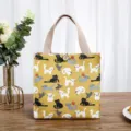 Yellow canvas lunch bag with cute cat pattern, portable tote handbag for daily use. - Yellow Cat