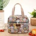 Insulated lunch bag with cute cat print, thick canvas tote handbag for work and daily use. - Green Little Cat