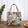 Canvas lunch bag cute cartoon cat print portable food storage tote handbag for work school - Green Little Cat