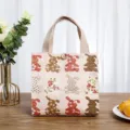 Canvas bento bag with cute rabbit print, portable lunch handbag for office workers and students. - Pink Rabbit