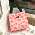 Large pink heart print canvas tote bag, stylish minimalist lunch handbag for daily work. - Pink Heart