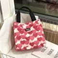 Pink heart print canvas tote bag, stylish lunch handbag for women and daily casual use. - Rose Red Heart
