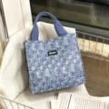Canvas lunch tote bag, stylish blue plaid handbag for women, spacious daily organizer. - Retro Blue