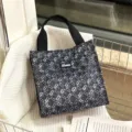 Black canvas lunch tote bag, stylish monogram pattern, large capacity daily handbag for work. - Vintage Black