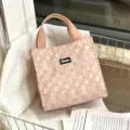 Pink checkered canvas lunch bag, portable aesthetic tote handbag for daily work and snacks. - Vintage Pink