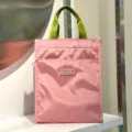 Pink insulated lunch bag with green handles, stylish waterproof tote for daily office work. - With Cup Holder / Pink