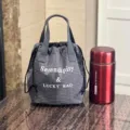 Sac à lunch bento à motifs de grille grise avec cordon de serrage, pochette thermique. - 9596 grand cordon gris