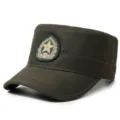 Green military cadet cap with embroidered star, durable cotton flat top hat for outdoor sports. - Adjustable / Army Green