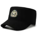 Black flat top military cap with embroidered star badge for outdoor sports and training. - Adjustable / Black