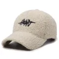 Beige teddy fleece baseball cap with black letter embroidery, stylish and cozy winter hat. - Adjustable / Off White