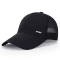 Black mesh baseball cap detail view, breathable summer outdoor sun protection hat. - Adjustable / Black
