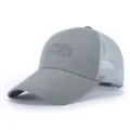 Grey mesh baseball cap detail view, breathable fabric, front embroidery sports logo. - Adjustable / Gray
