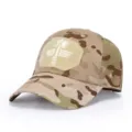 Camouflage tactical baseball cap with embroidered morale patch, ideal for outdoor sports. - Light Beige