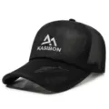 Close-up detail of black breathable mesh baseball cap for men, summer outdoor sports sun hat. - Adjustable / Black
