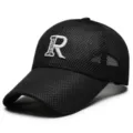 Detailed view of the black breathable mesh baseball cap featuring 3d white letter embroidery. - Adjustable / Black