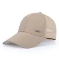 Detail shot of a casual beige mesh baseball cap featuring a breathable design and metal tag. - Adjustable / Khaki