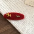 Autumn winter retro red plush hair clip with gold horse charm sweet hair accessory for women - BB Clip - Gold - Red / Single Piece
