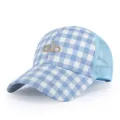 Blue and white gingham trucker hat with breathable mesh back and front embroidery, casual wear. - Blue