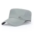 Grey flat top cap detail showing breathable mesh side holes and front metallic sports badge. - Adjustable / Light Gray