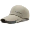 Close-up details of the khaki canvas baseball cap with long brim, unique letter print design. - Adjustable / Khaki