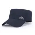 Detailed view of breathable navy blue military cap side ventilation holes and sports logo detail. - Adjustable / Blue
