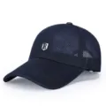 Navy blue breathable mesh baseball cap with embroidered logo, ideal for outdoor sports. - Adjustable / Blue