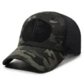 Detailed view of tactical camouflage baseball cap with breathable mesh back and front patch. - Adjustable / Black