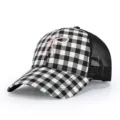 Women summer black white gingham baseball cap pink bow embroidery breathable mesh sun hat - Adjustable / Black