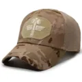 Camouflage tactical baseball cap detail view, breathable mesh back for outdoor sports. - Adjustable / Khaki