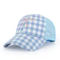 Women summer mesh baseball cap with cute pink bow embroidery, blue checkered design, curved brim. - Adjustable / Blue