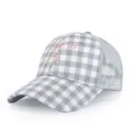Gray checkered mesh baseball cap with pink embroidered bow, summer casual sunshade curved hat. - Adjustable / Gray