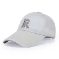 Detailed view of grey mesh baseball cap with embroidered letter R, breathable outdoor sun hat. - Adjustable / Light Gray