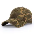 Close-up detail of vintage camouflage baseball cap, soft top outdoor casual sun hat. - Adjustable / Khaki