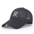 Grey mesh baseball hat with embroidered letter R, breathable casual duck tongue sun cap for men. - Adjustable / Dark Gray