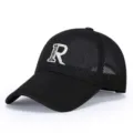 Black mesh baseball cap for men, breathable summer sun hat with embroidered letter R. - Adjustable / Black